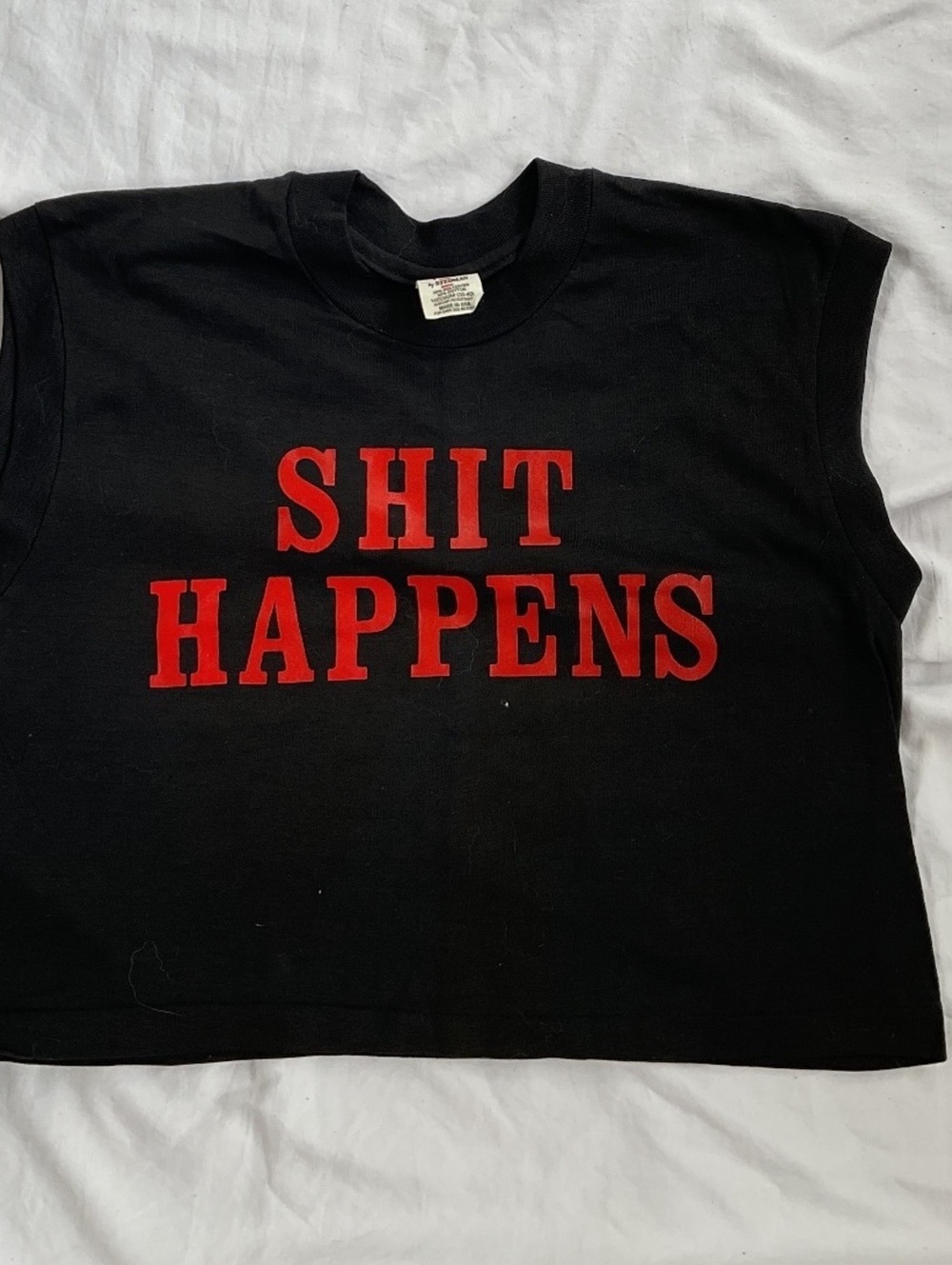 Vintage 80s Sh*t Happens Cropped Muscle Tee Shirt Sport-T by Stedman Medium